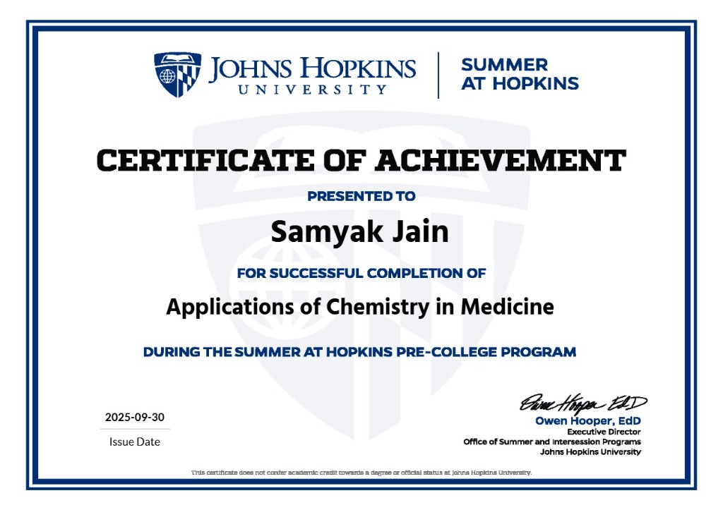 Johns Hopkins Applications of Chemistry in Medicine Certificate