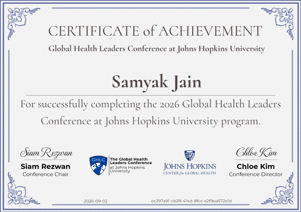 JHU Global Health Leaders Conference Certificate of Achievement